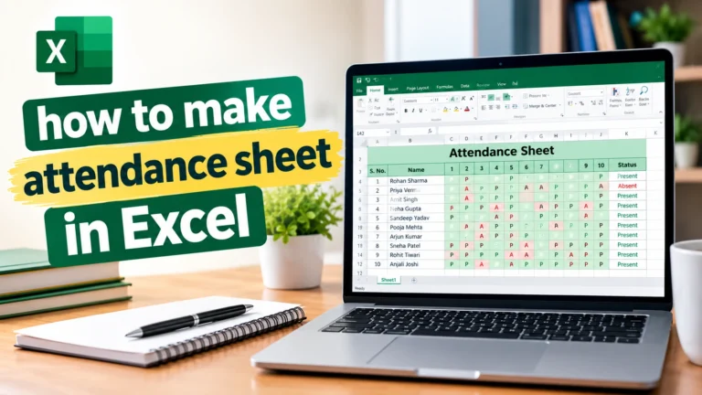 How to make attendance sheet in Excel with a laptop displaying a student attendance spreadsheet with present and absent status.